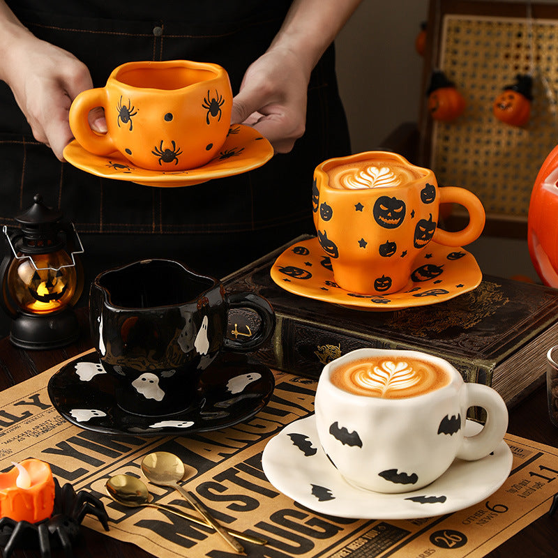Tasse et soucoupe Halloween en céramique RENEOS avec motifs citrouille et chauve-souris