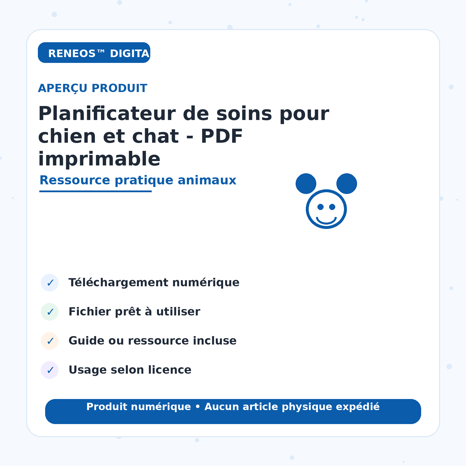 Aperçu visuel Planificateur de soins chien et chat RENEOS