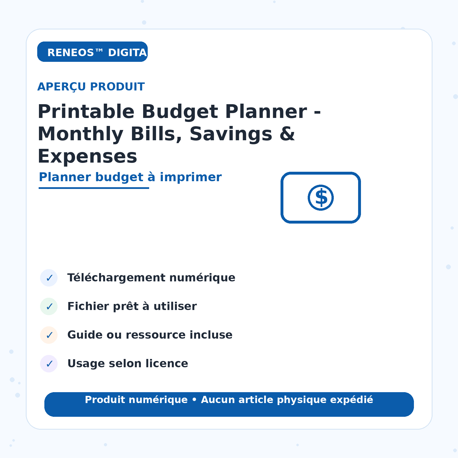 Aperçu visuel Printable Budget Planner RENEOS