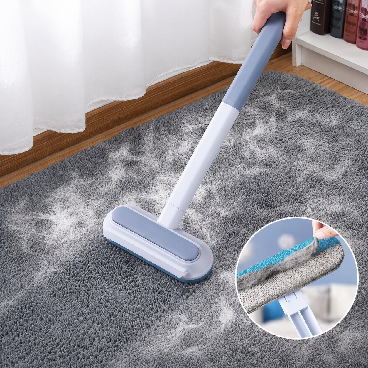 Brosse ramasse-poils réutilisable RENEOS sur tapis gris