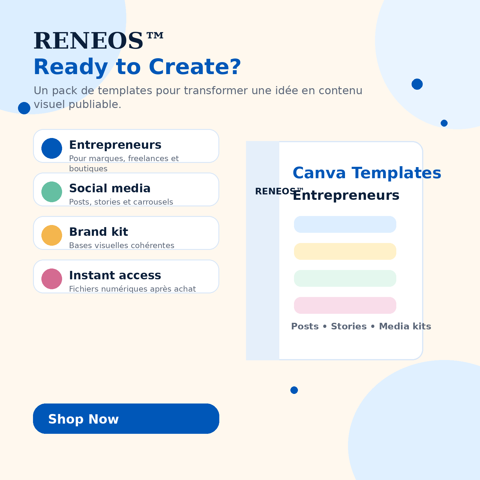 Shop now call to action for RENEOS Canva Templates